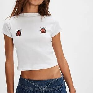 NWT Lisa Says Gah Alex Tee Ladybug Short Sleeve Crop Top White XS